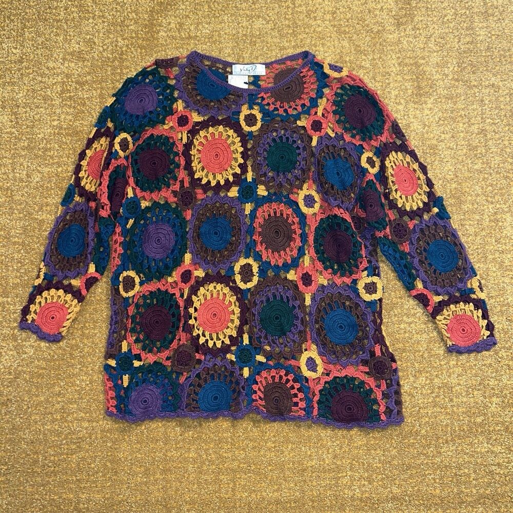 Vintage Kathryn Deene Crochet Top Sweater Multicolor 2XL? Art To Wear 90s